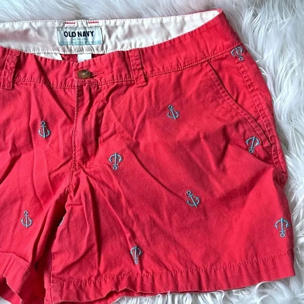 OLD NAVY |‎ Coral Red Aqua Chino Shorts Anchor Embroidered Print | Size 8